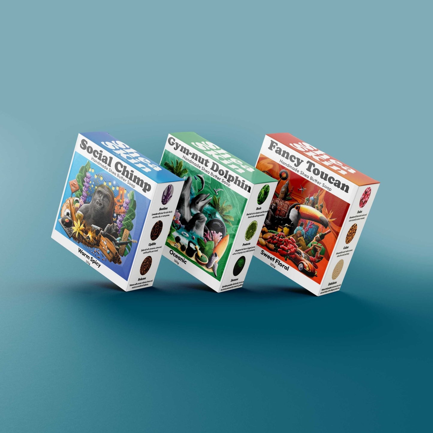 Shea Skin Combo 1x Social Chimp 1x Gymnut dolphin 1x fancy toucan handamade shea butter soap 3COMBO-SGF