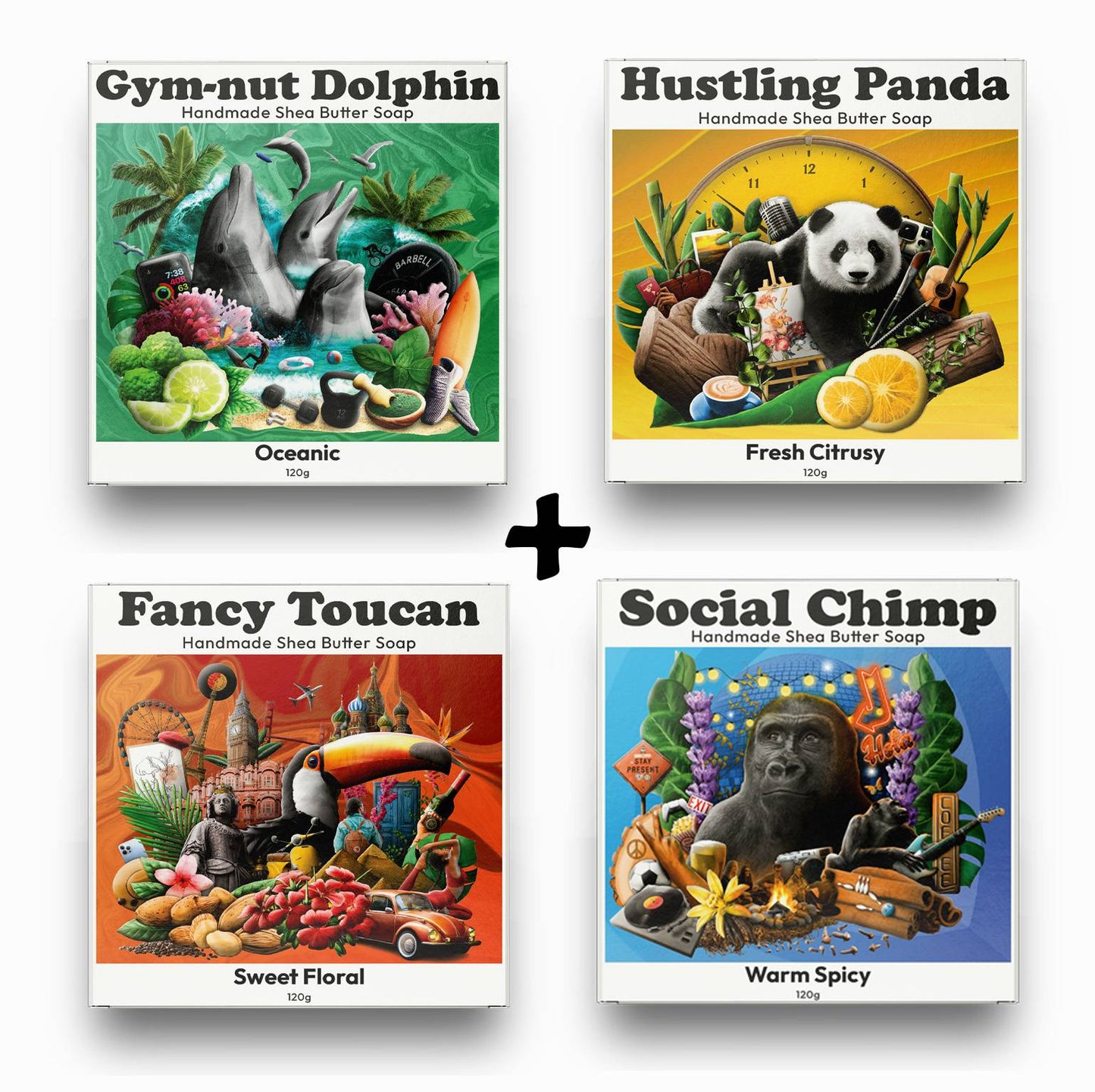 Shea Skin Combo Hustling Panda Social Chimp Gymnut Dolphin Fancy Toucan Handamade Shea Butter Soaps ALL4