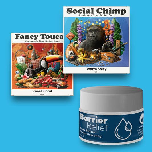 shea skin combo 1x fancy toucan 1x social chimp 1x barrier relief handamade shea butter soap hydrating body butter SCFTBR